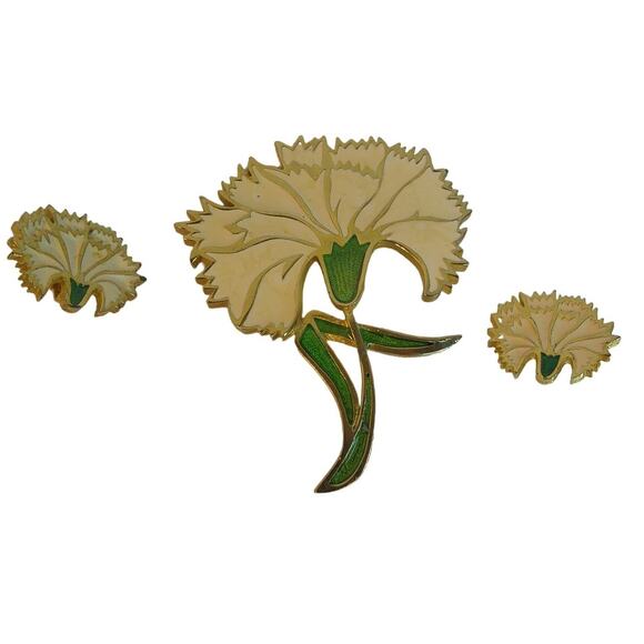 Vintage Pierre Lang Floral Carnation Enamel Brooch Pin and Clip On Earrings Set - Picture 2 of 8